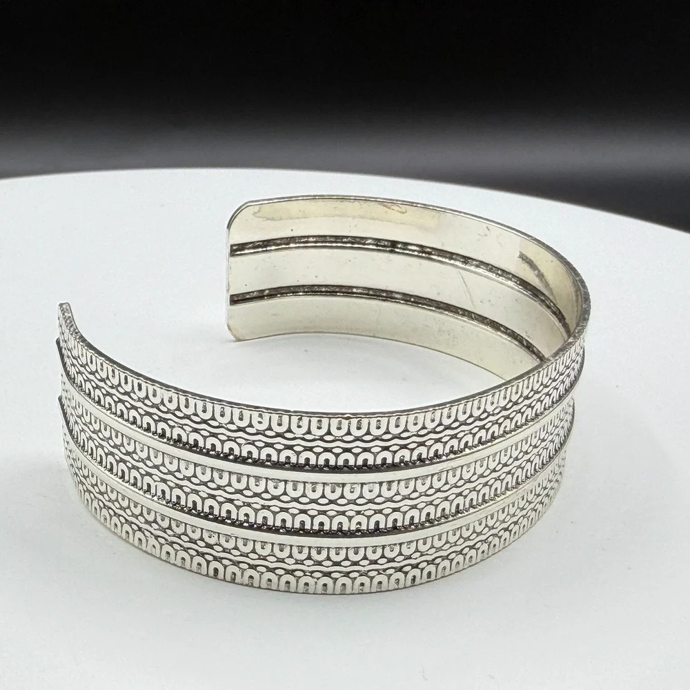 Silver Tone Wide Etched Cuff Bracelet Tribal Boho Textured Statement Jewelry